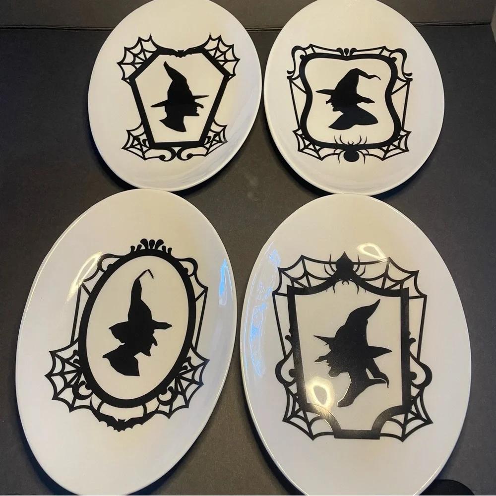 Crate & Barrel Halloween Appetizer Plates Oval Set of 4 Witch Silhouettes